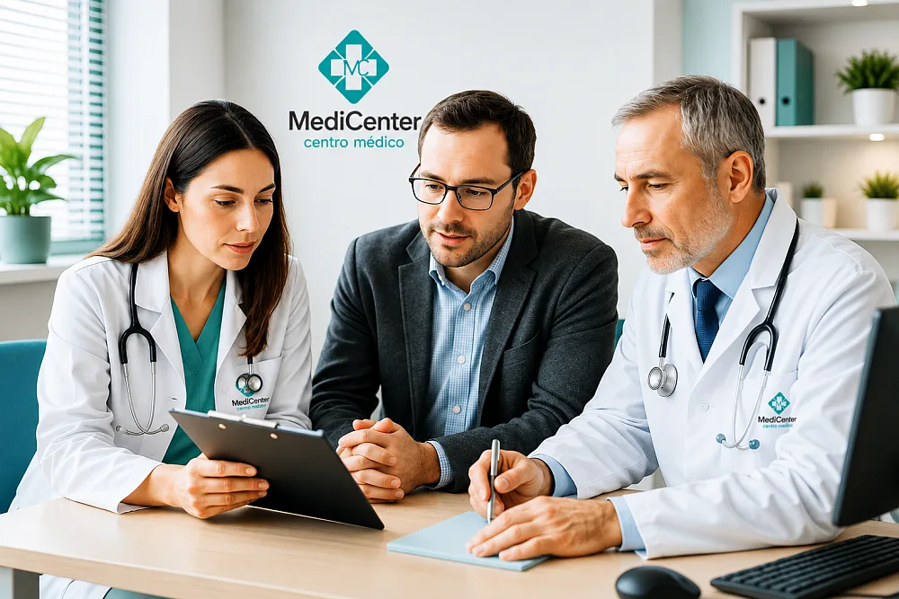 Equipo de profesionales de salud ocupacional de MediCenter revisando información en un consultorio