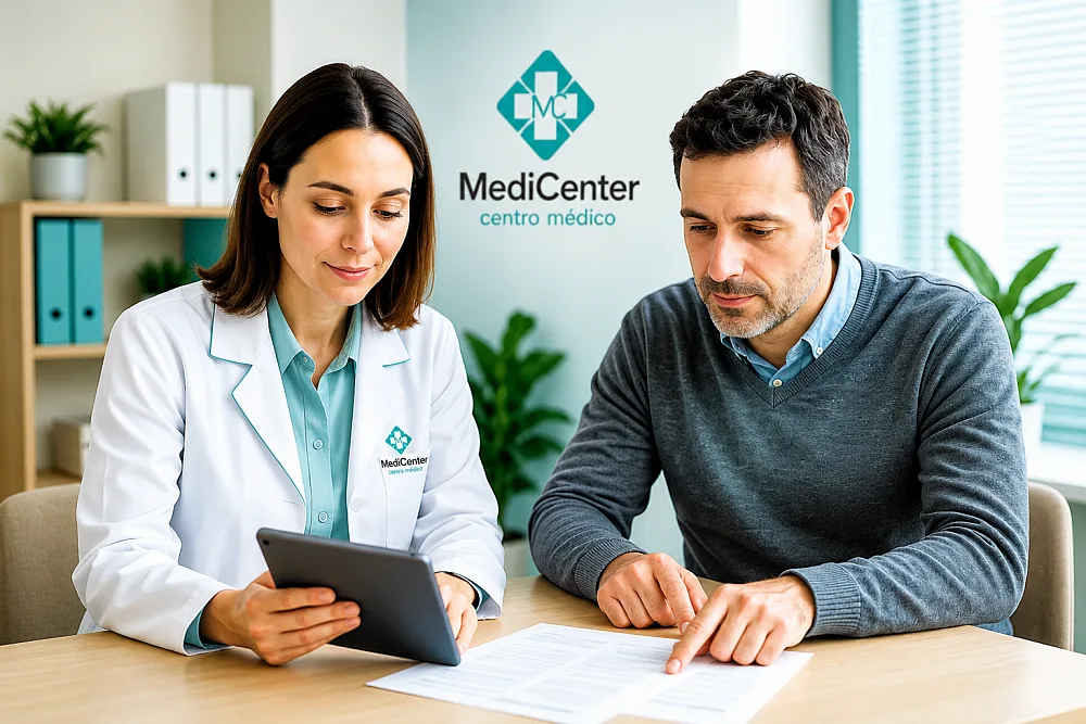Profesional de salud ocupacional orientando a un trabajador mientras revisan documentación en un consultorio
