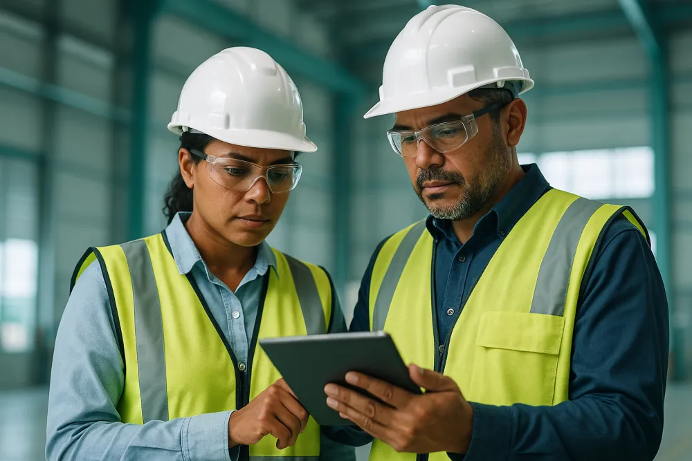 Dos trabajadores con equipo de protección revisando información en una tablet en un entorno industrial